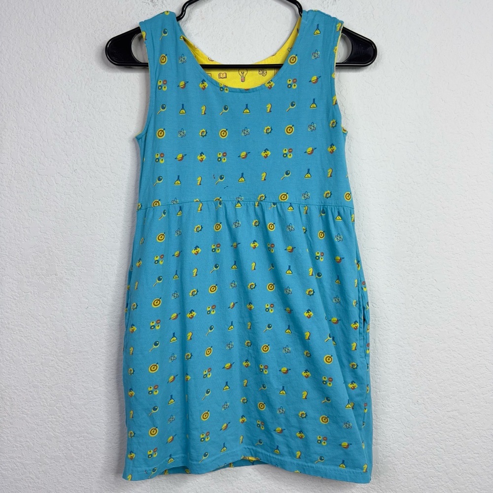 Svaha Dress Girls 9/10 Blue Yellow Organic Reversible Sleeveless Colorful Summer